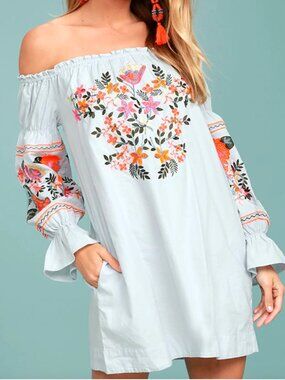 Free People Fleur Du Jour Embroidered Off Shoulder Dress M Blue Cotton Pocket